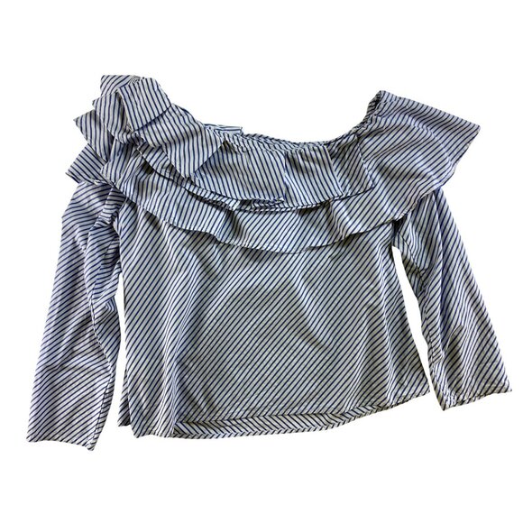 Gap XL Off-The-Shoulder Blue & White Striped Ruffle Blouse 100%‎ Cotton Eighties - Picture 2 of 8